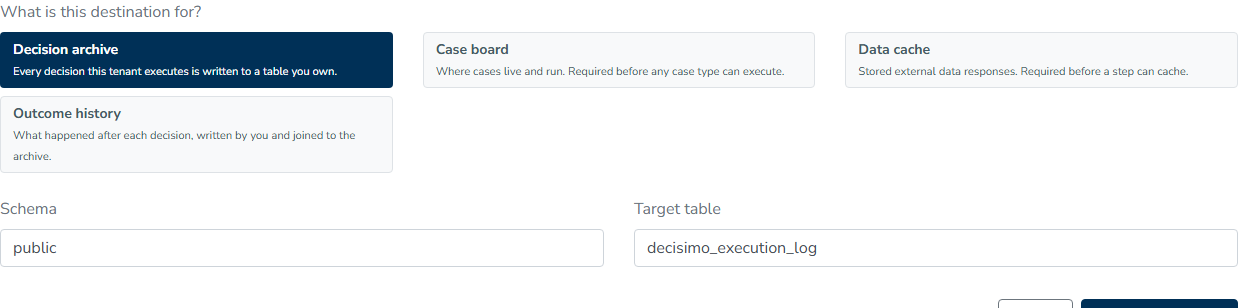 The destination form has the Purpose selector open, with Decision archive, Case board, Data cache, and Outcome history available