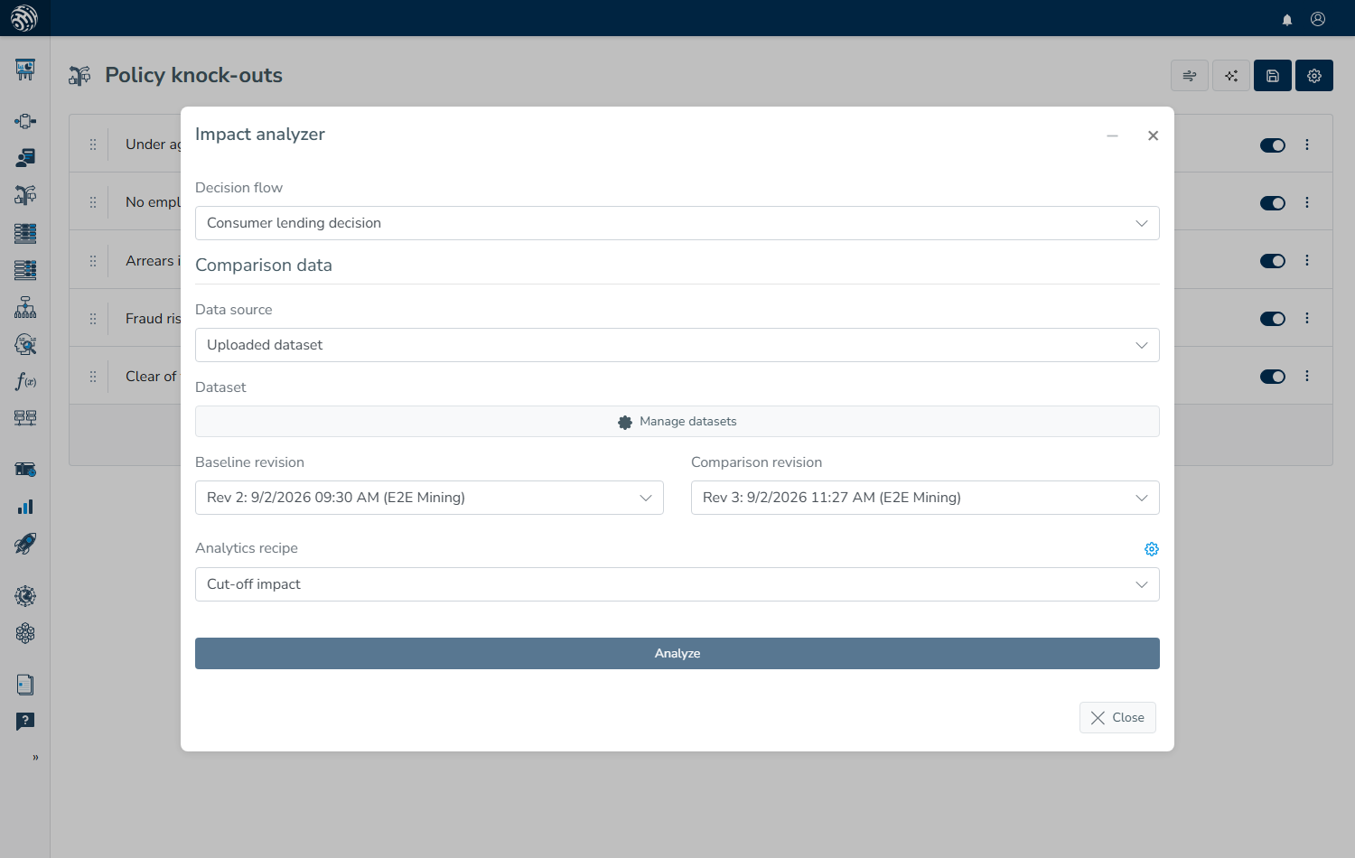 Impact analyzer panel beside a rule set, showing the decision flow, comparison data, and revision selectors