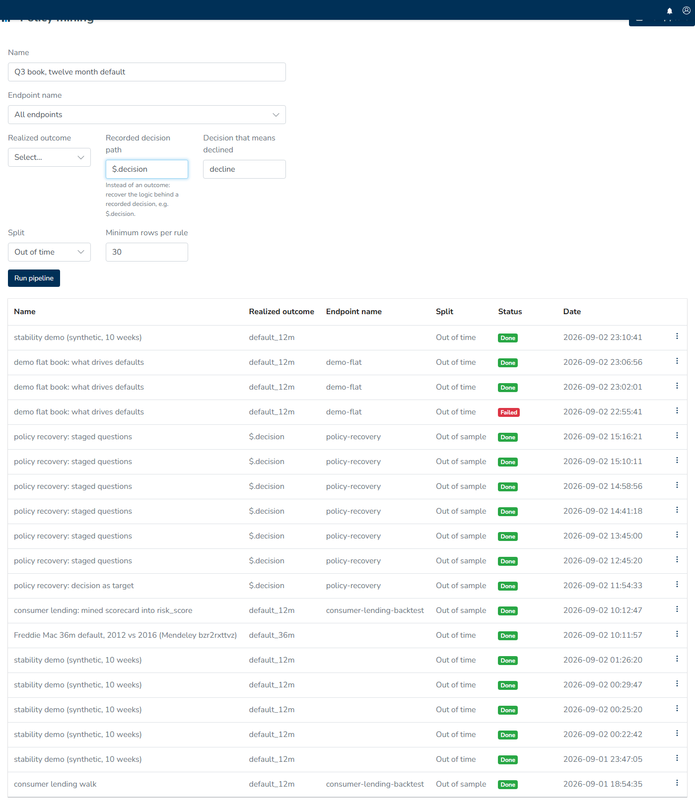 The New pipeline form is configured for Recovery with a recorded decision path and no realized outcome