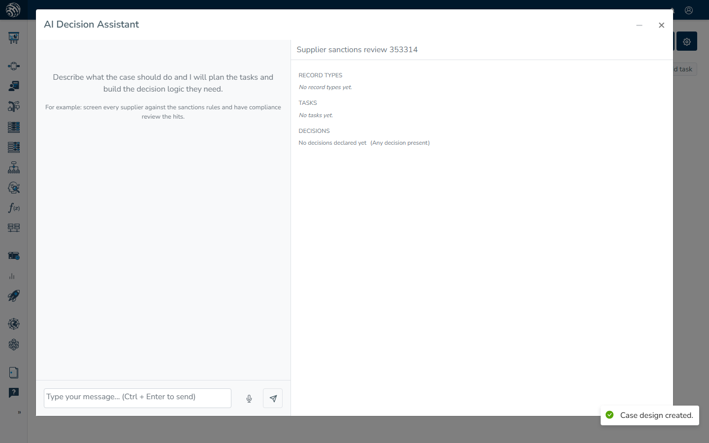 The AI Decision Assistant freshly opened on an empty design: the welcome text on the left and the design pane on the right reading No decisions declared yet