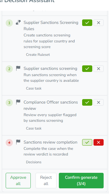 A Planned Changes card with its last step switched to skipped, and the footer offering Confirm generate for three of the four changes