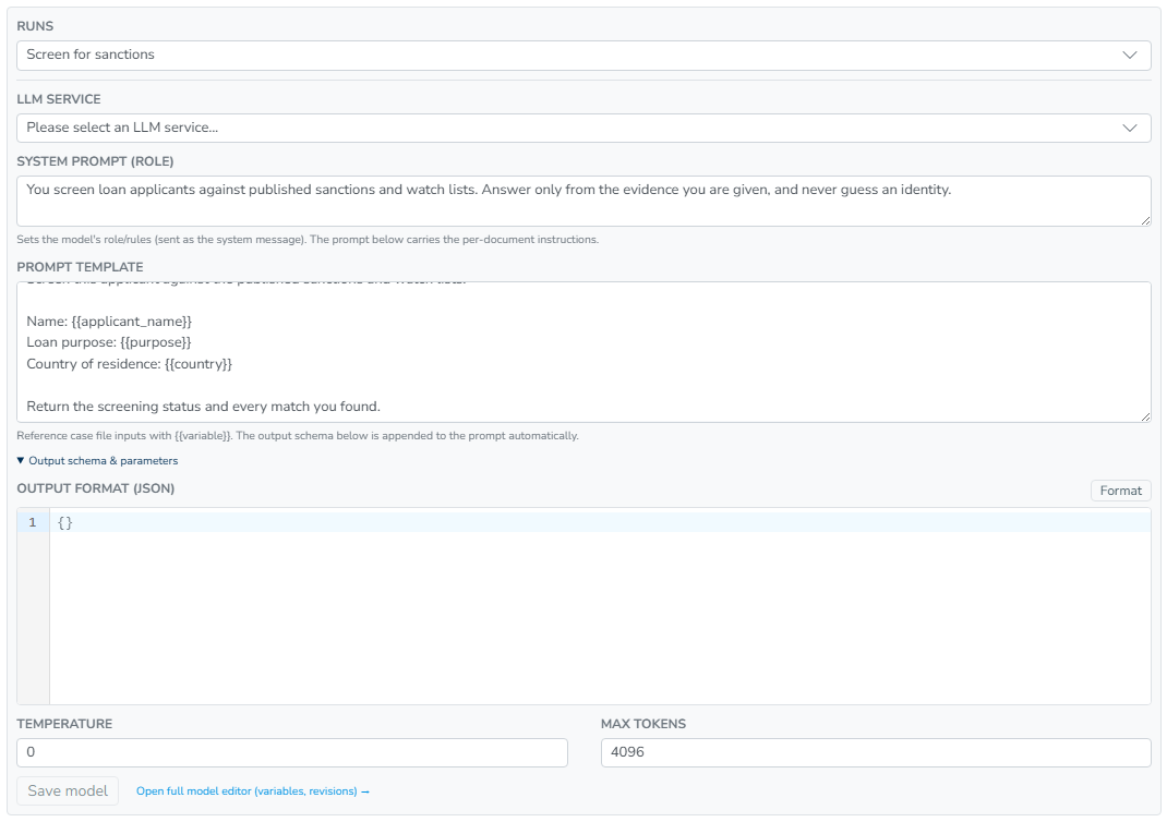 The inline AI model editor on the Screen for sanctions task, with the LLM service, system prompt and prompt template above the expanded Output schema and parameters section