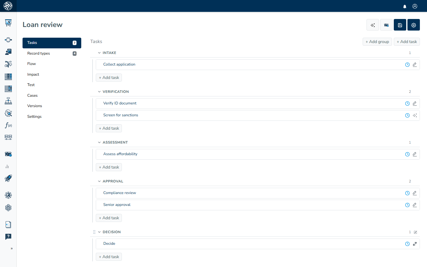 The Loan review studio on its Tasks section: the section navigation with its task and record-type counts, the task cards grouped into Intake, Verification, Assessment, Approval and Decision, and the header actions