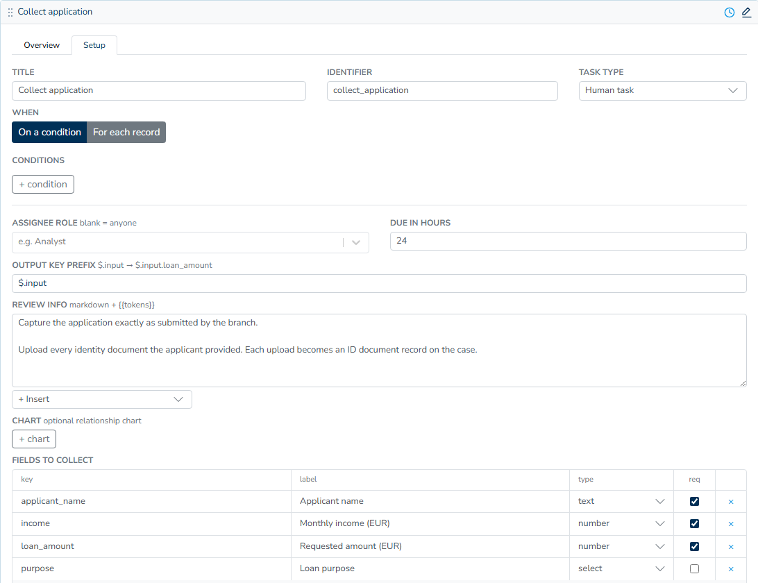 The Collect application card on its Setup tab, with the income field in the Fields to collect grid and the Output key prefix set to $