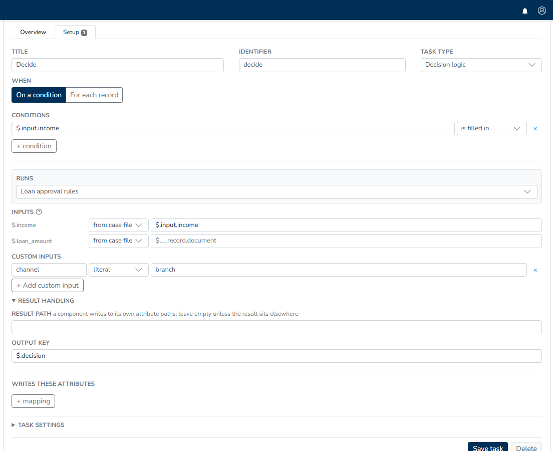 The Decide card on Setup: the condition reading $.income is filled in, the rule set it runs, and the Output key $.decision under Result handling