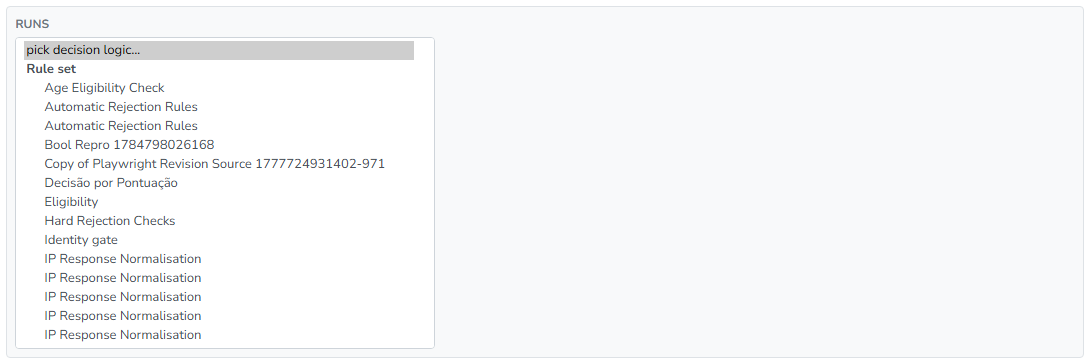 The Runs picker open on the Decide task, listing the available decision logic grouped by its type
