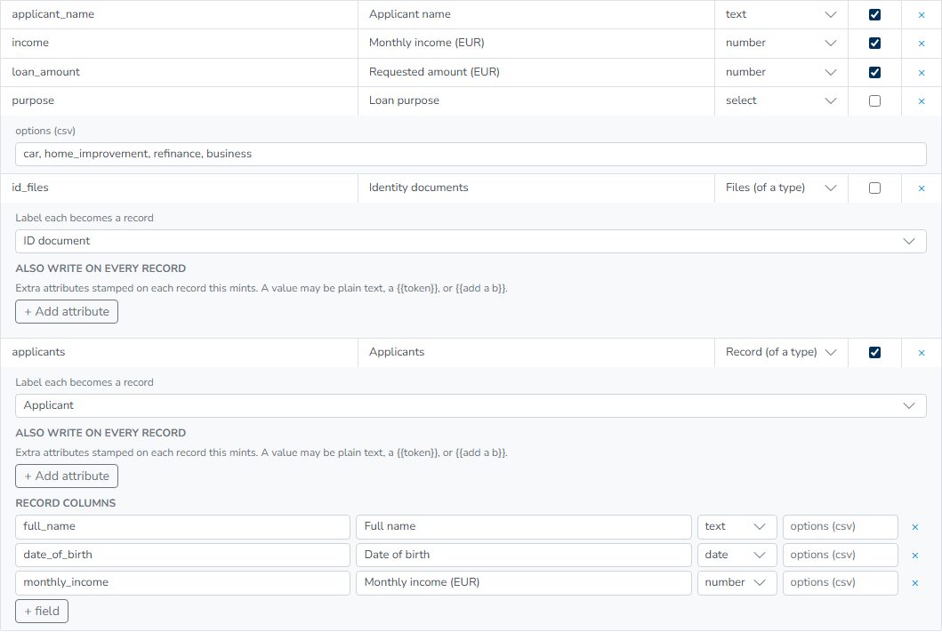 The Fields to collect grid with text, number and select fields, and the Applicants row of type Record expanded to show its record type and its Record columns