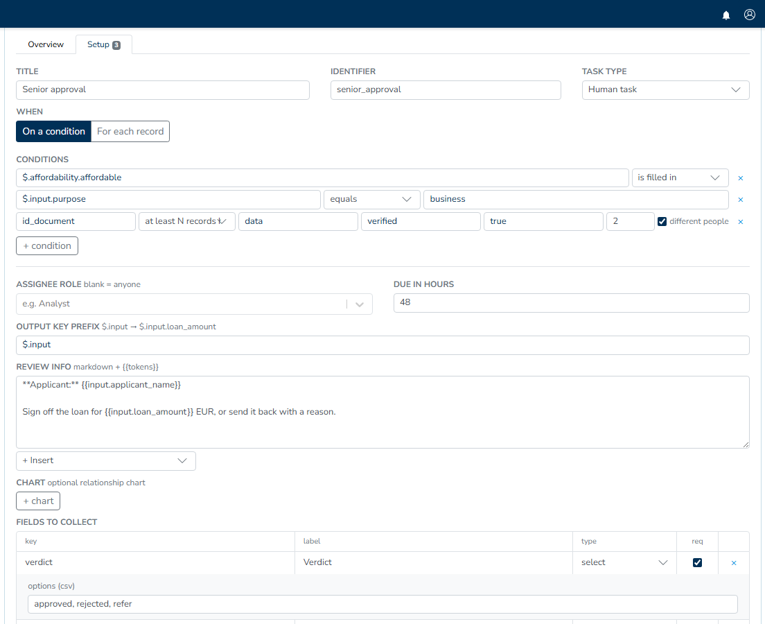 The Setup tab of the Senior approval task: its title, identifier and task type, three conditions under When, and the Fields to collect grid