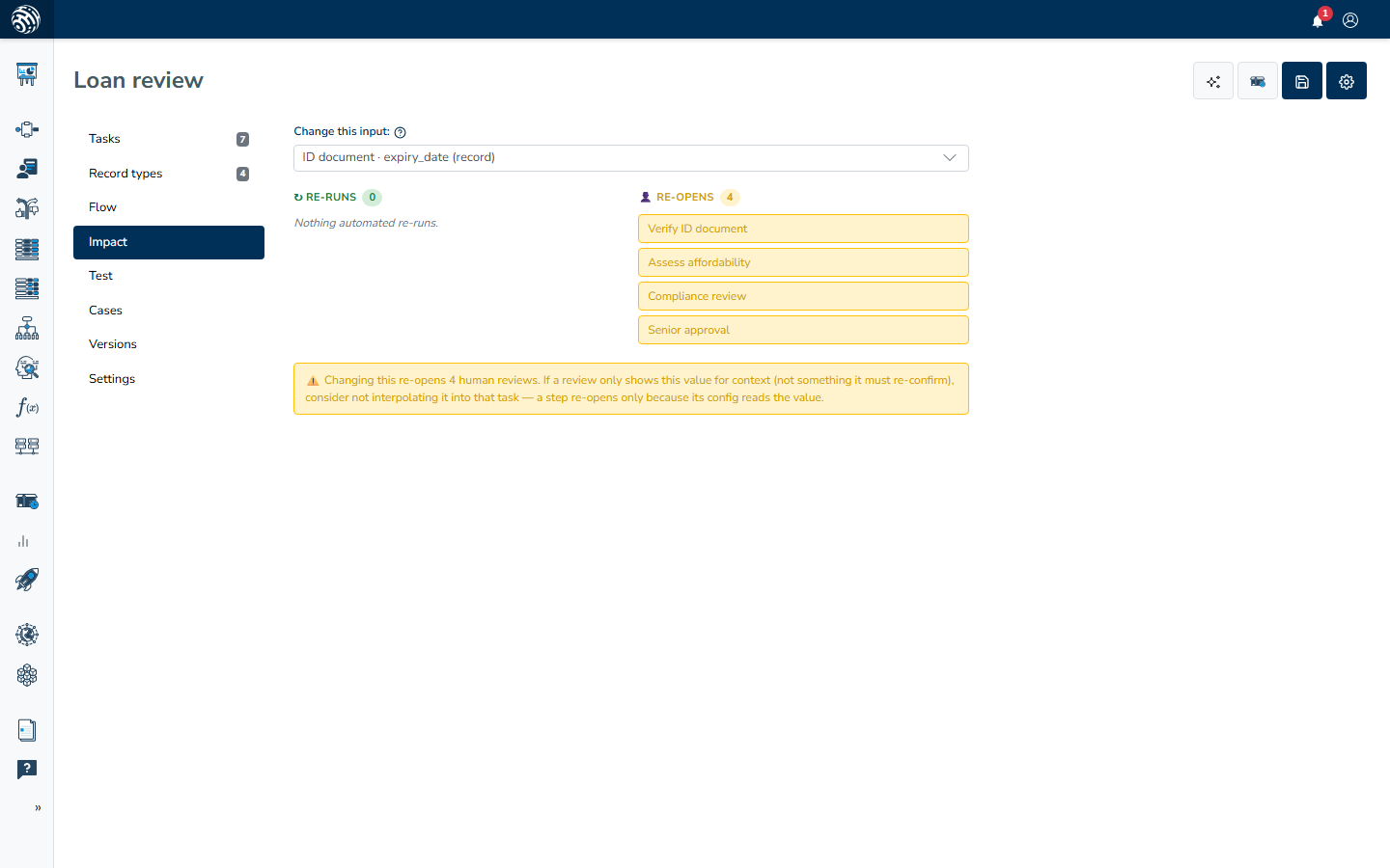 The Impact section with an ID document attribute selected, showing four human reviews in the Re-opens column and the warning about re-opening them