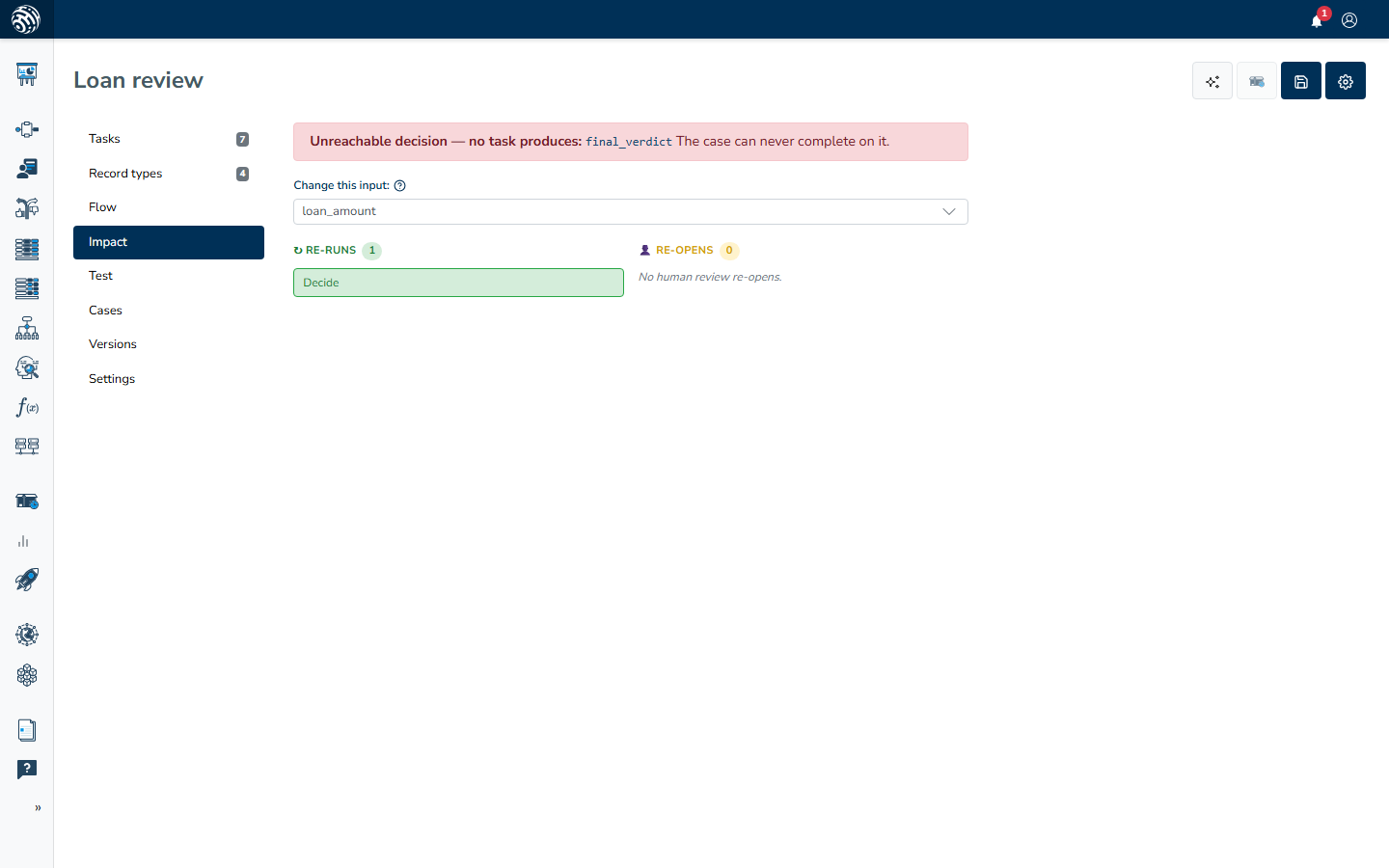 The red unreachable-decision alert at the top of the Impact section, naming the decision no task produces