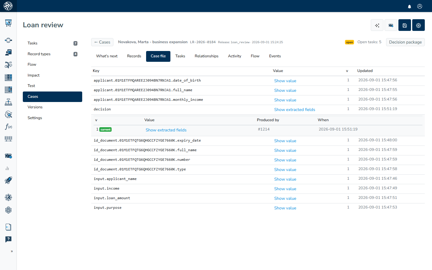 The Case file tab with the decision row expanded into its value history, showing the version, the producer and the current badge