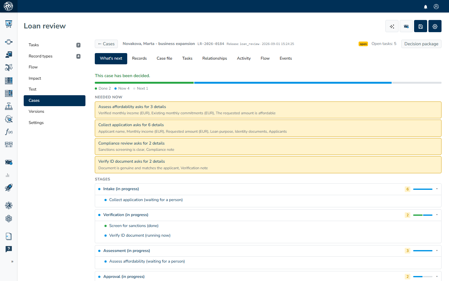 A case detail header showing the case title, its external reference, the Release badge with the release name and install date, the status, the open-task count and the Decision package button