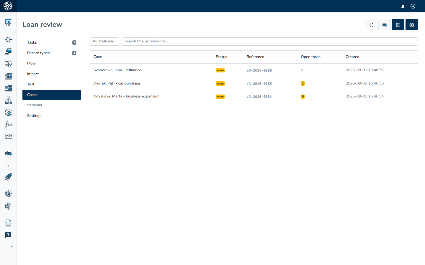 The case list with three cases, their references, and an open-tasks badge on the two that still have work waiting