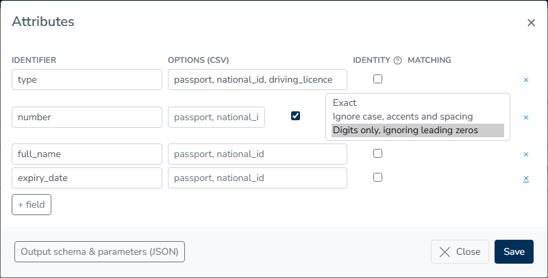The Attributes editor for the ID document record type, with four attribute rows, values in the options column, the Identity checkbox ticked on the number row and its Matching dropdown open