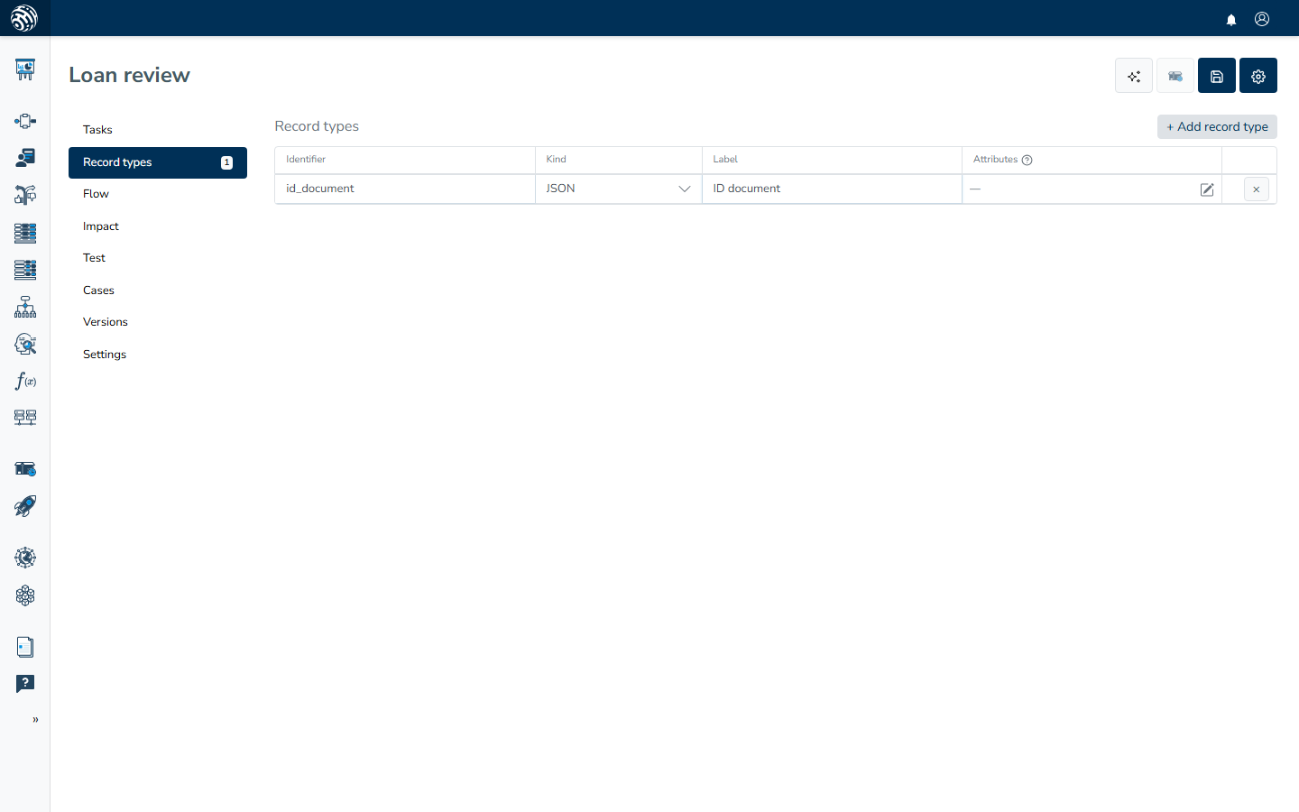 The Record types grid holding a single row: the identifier id_document, kind JSON and the label ID document
