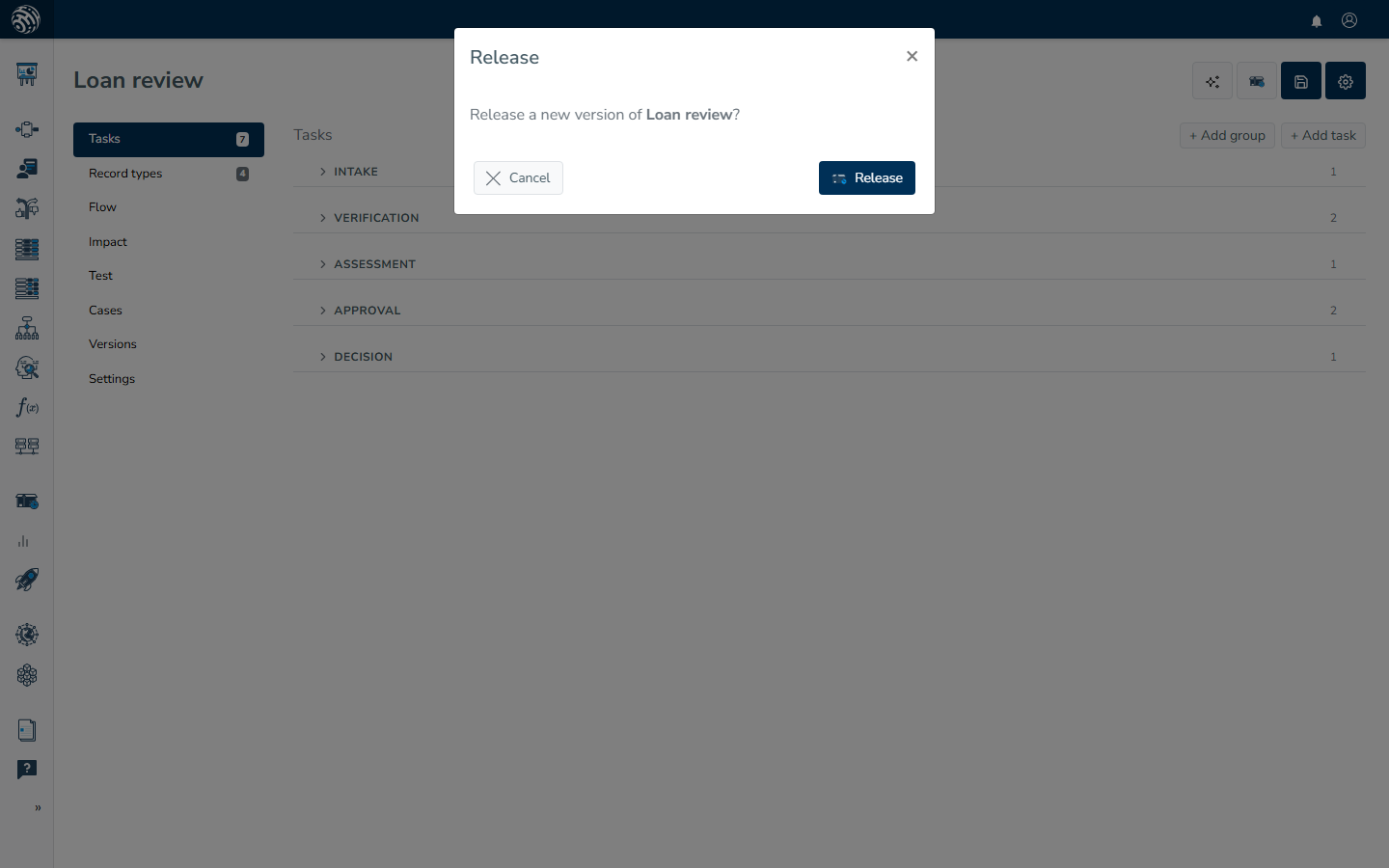 The release confirmation modal over the studio, asking Release a new version of Loan review