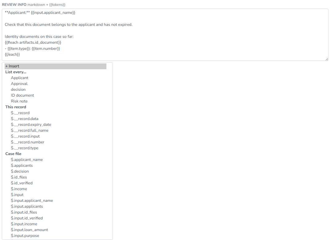 The Review info editor with the Insert menu open on its List every, This record and Case file groups, over a text holding an each block over the ID documents and a plain applicant-name token