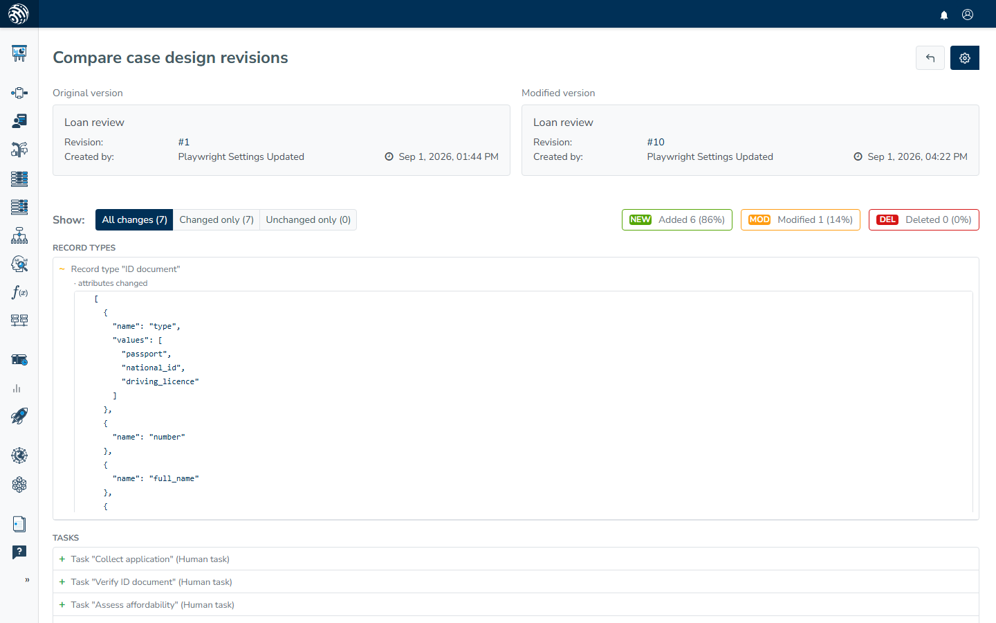 The comparison page for two draft revisions of Loan review: the two revision cards, the filter toolbar with its NEW, MOD and DEL counts, and a changelog holding a changed record type and several added tasks