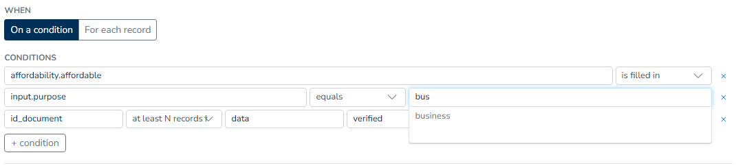The conditions editor with three rows: an is filled in row, an equals row with its value suggestion open, and an at least N records have row carrying the different people checkbox