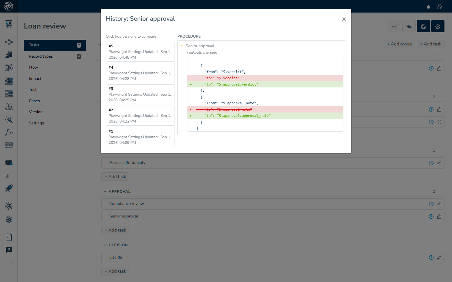 The History modal opened from the Senior approval card, its version rail on the left with the picked pair highlighted and the changelog on the right expanded into a line diff