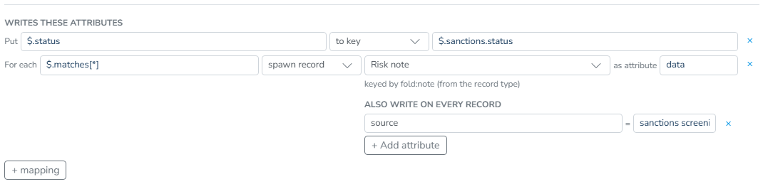 The Writes these attributes list on the sanctions task: one row putting the status to a case file key, and one spawning a Risk note record from the matches, with its keyed-by line and its Also write on every record stamp