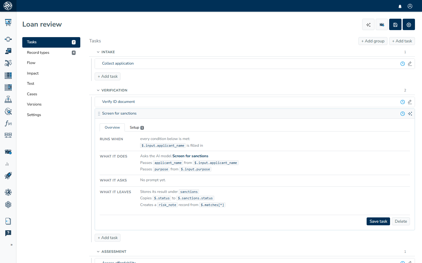 The Tasks pane with the cards collapsed and Screen for sanctions open on its Overview tab, each header showing its title, history clock and task-type icon