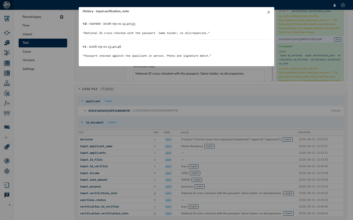 The case file explorer with the applicant group open and a value history modal showing v2 as current beside the v1 it replaced