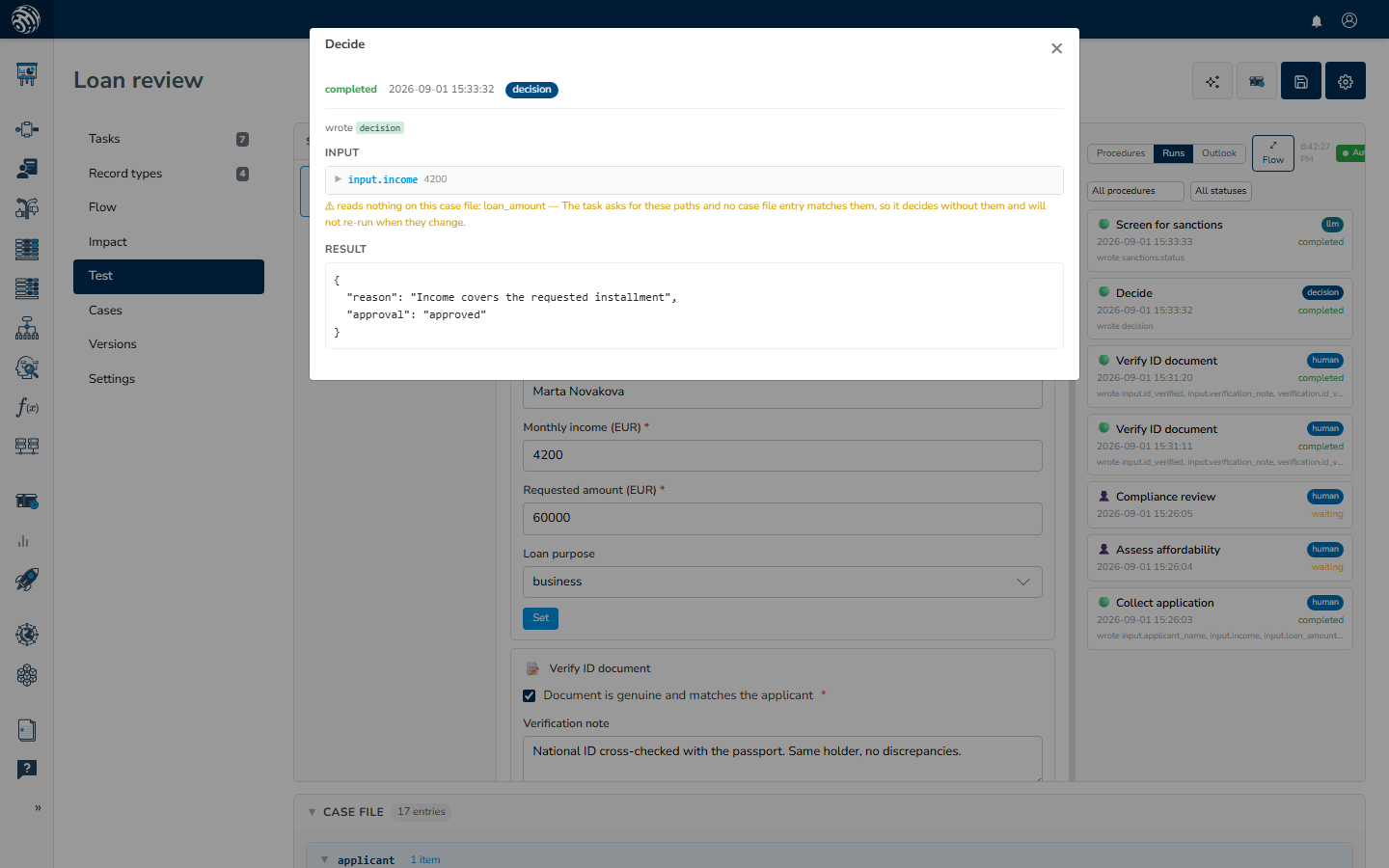 The run detail modal of the completed Decide run, with the recorded Input entry expanded and the Result JSON below it
