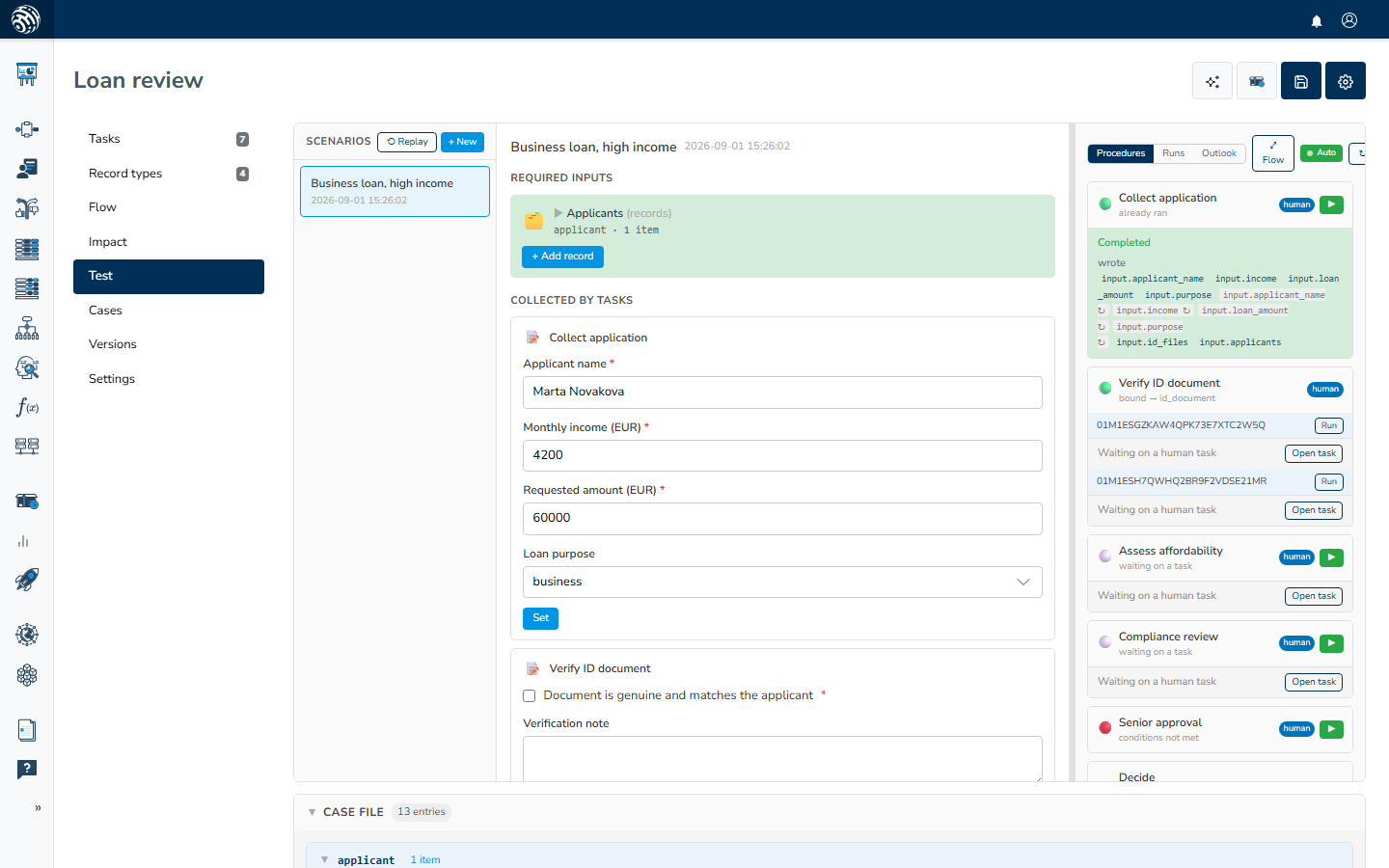 The Test section with its three columns: the scenario on the left, the seeded inputs and task forms in the middle, and the runner on the right with an eligibility dot on every task