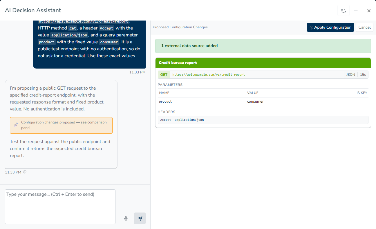 The AI Decision Assistant on a data source, with the chat on the left and the proposed configuration on the right.