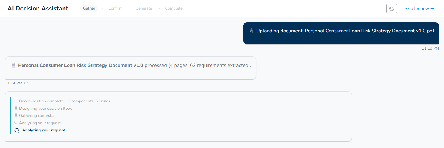 The assistant chat reporting that the policy PDF was processed, with 4 pages and 62 requirements extracted.