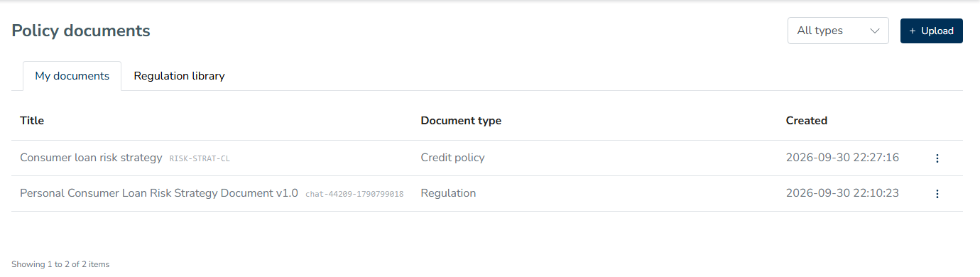 The My documents list with each document's identifier beside its title and its document type.