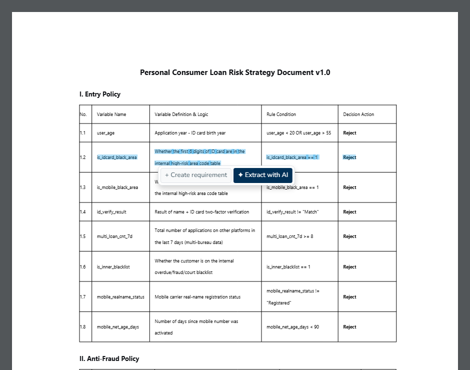 A table row selected in the PDF viewer, with the Create requirement and Extract with AI buttons beside it.