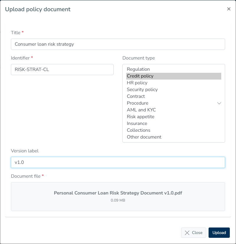 The Upload policy document form with the Document type list showing all eleven types and a PDF selected.