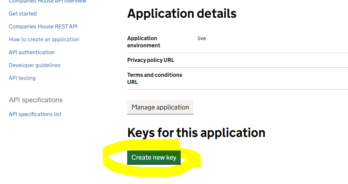 Companies house Developer Hub Dashboard