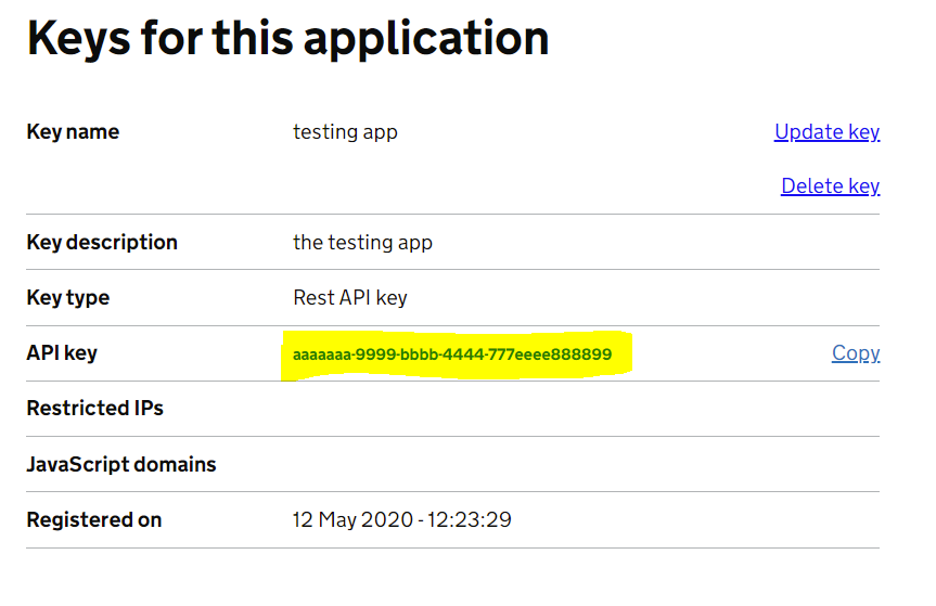 Companies house Developer Hub Dashboard