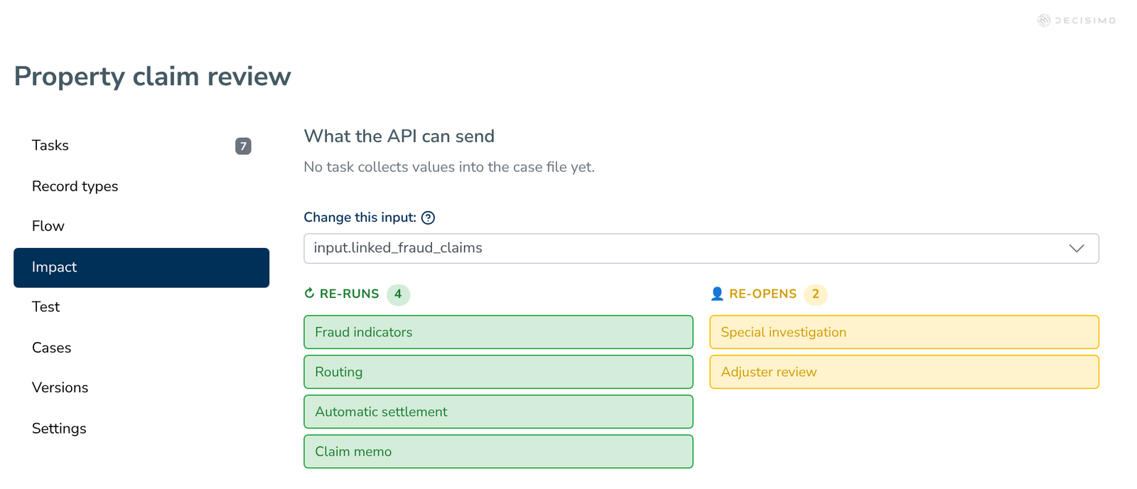 Impact view identifies tasks affected by a changed claim input (demo case)