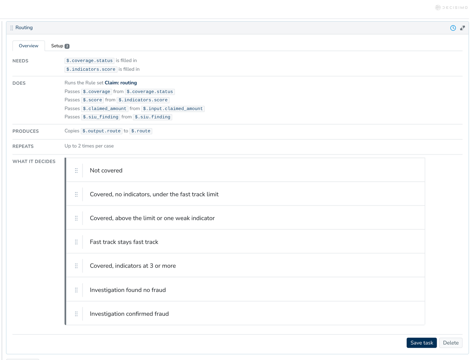 Routing reads coverage and investigation findings to set a claim route (demo case)