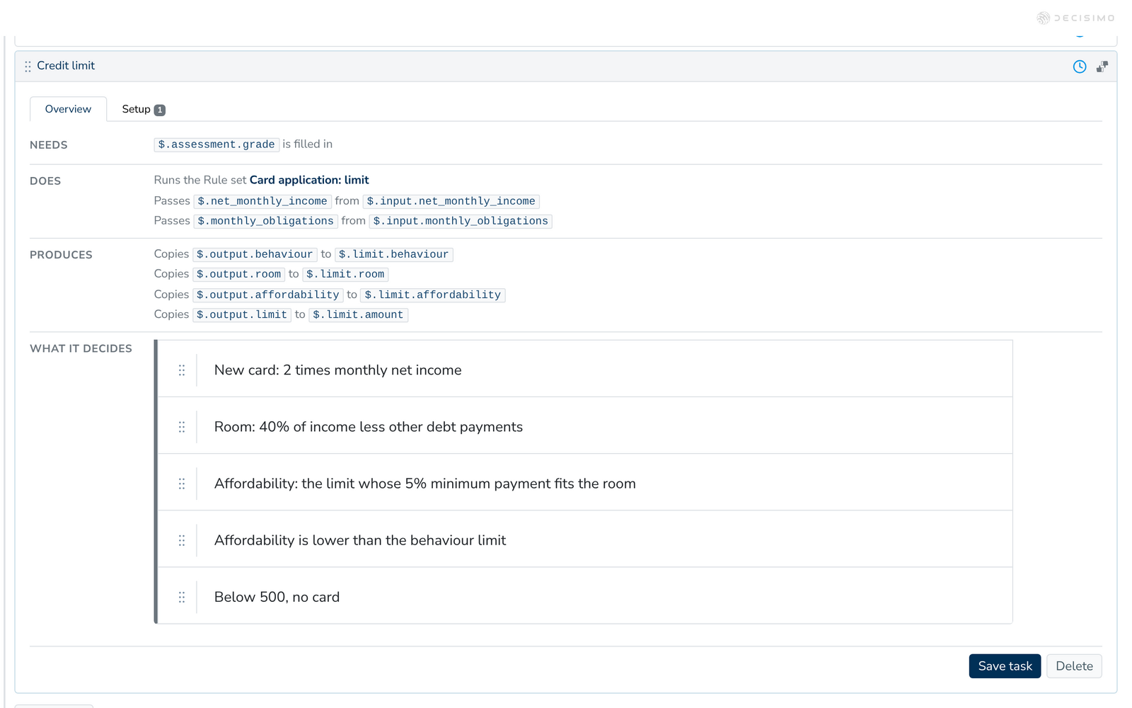 Credit limit task showing the applicant’s calculated limit