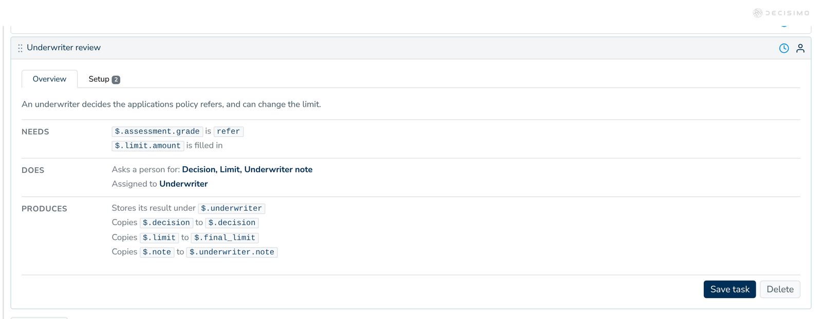 Underwriter task showing the referral reason and limit figures