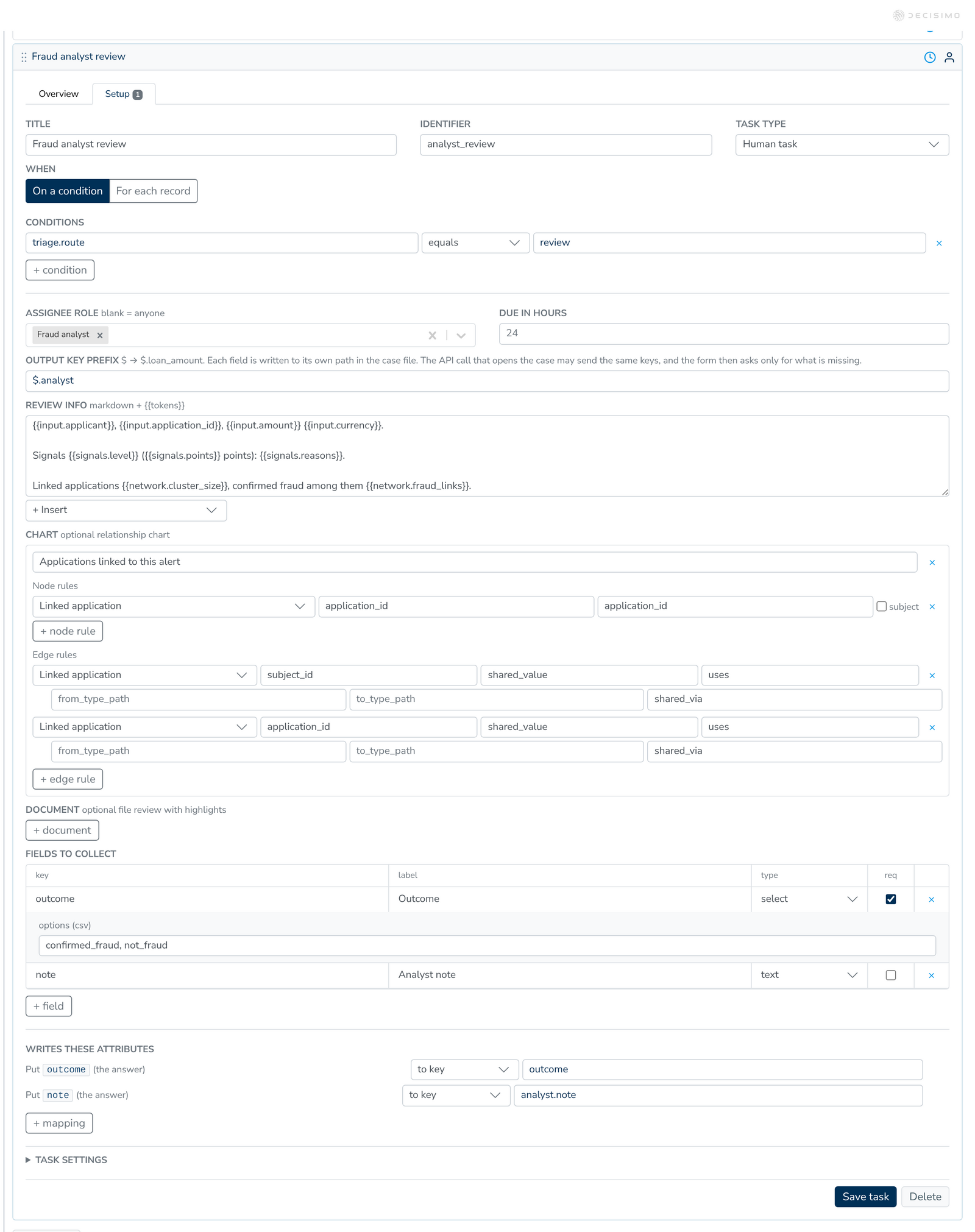 Analyst setup defines shared value links between applications.