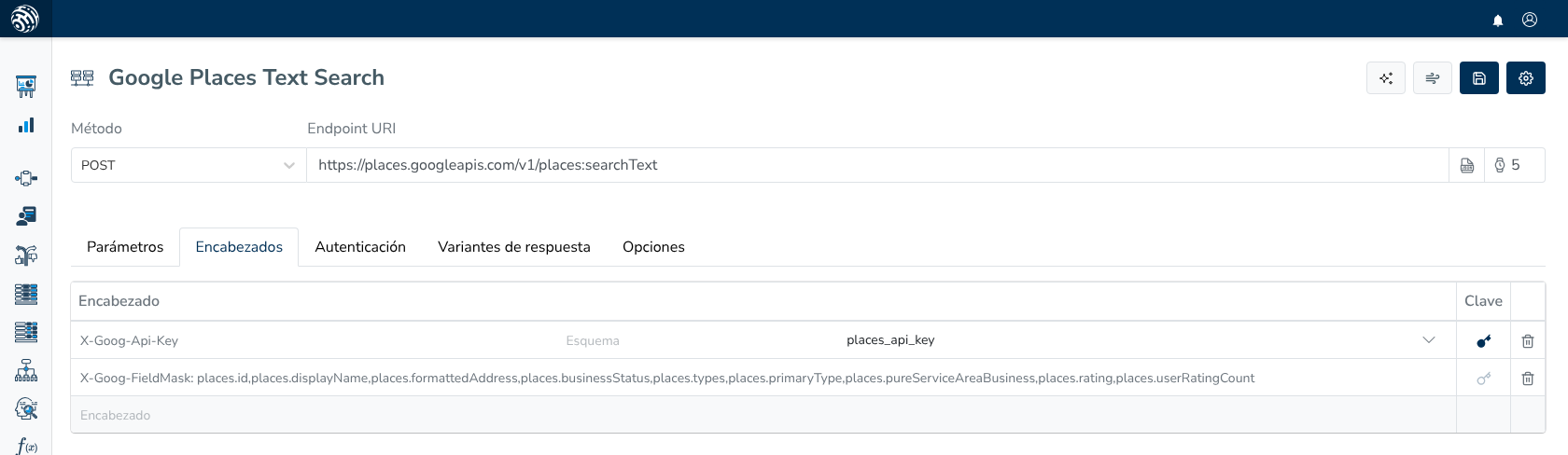 La pestaña Encabezados muestra los campos de X-Goog-FieldMask y X-Goog-Api-Key vinculado a places_api_key.