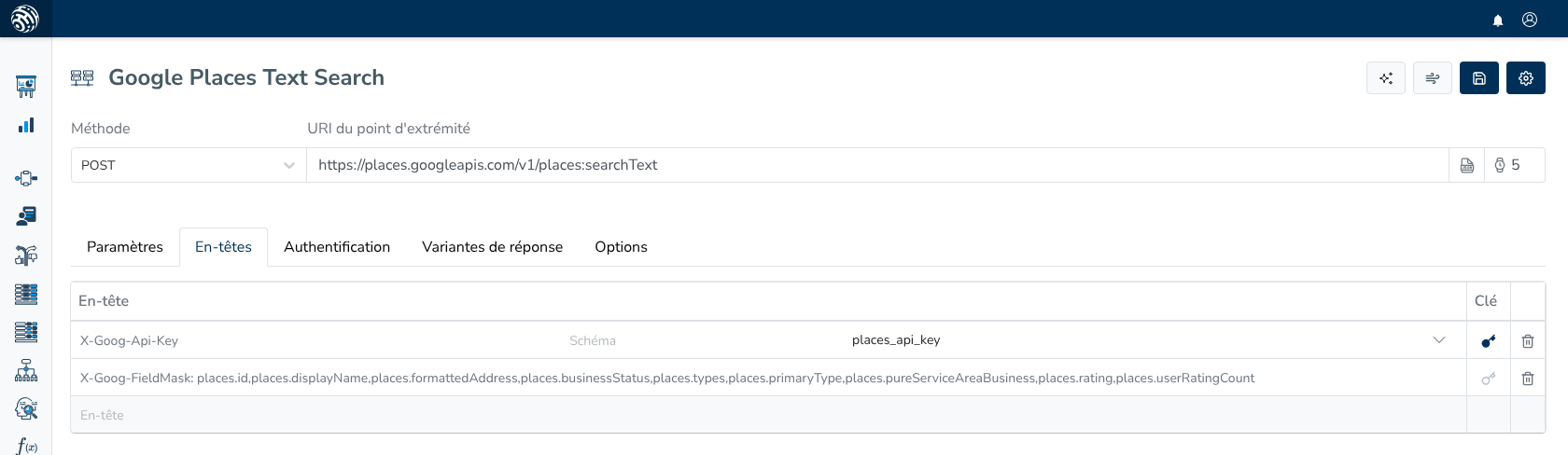 L’onglet En-têtes associe X-Goog-Api-Key à places_api_key et liste les champs demandés dans X-Goog-FieldMask