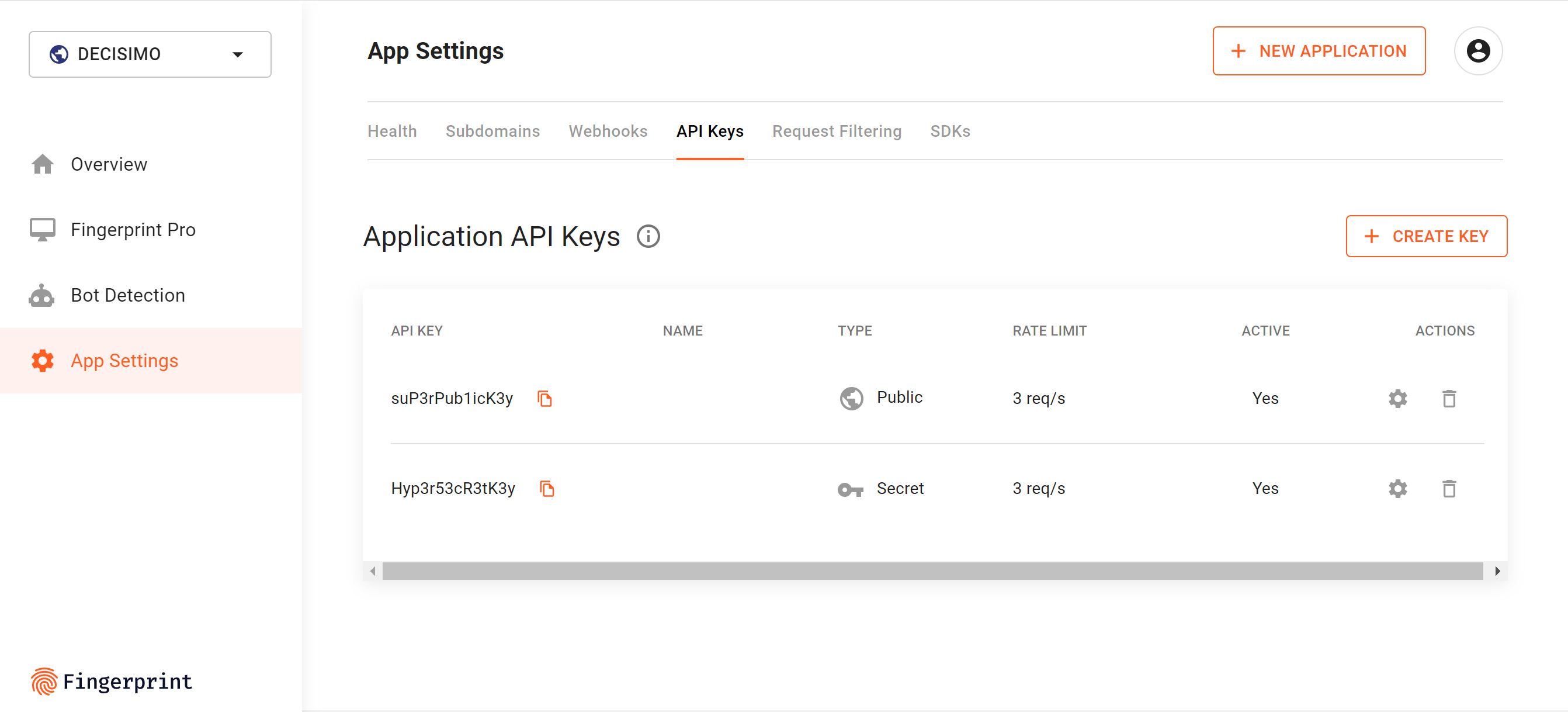 Fingerprint.com Dashboard API Keys