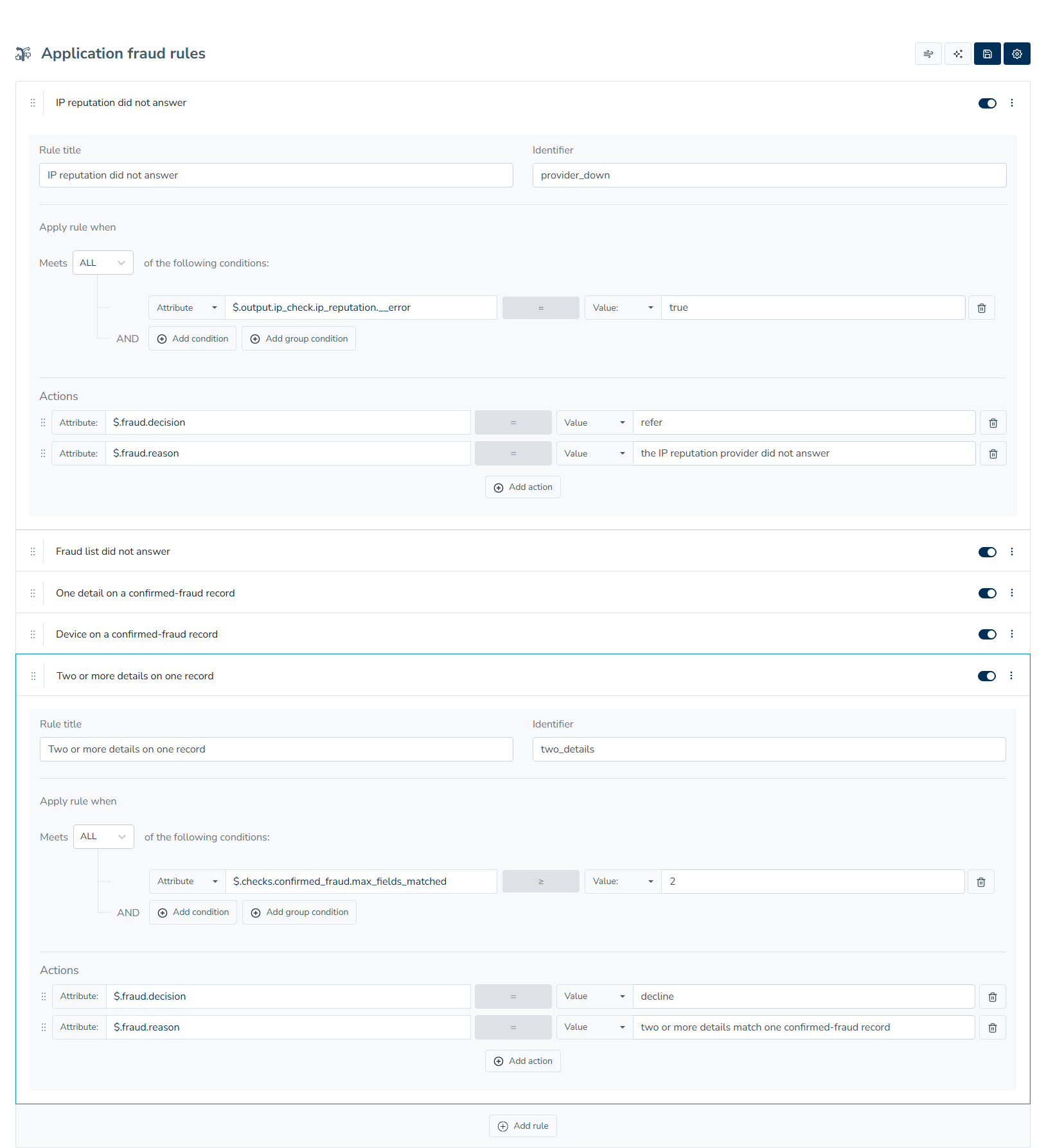 Fraud rule editor shows an unanswered IP lookup referring and two matched details declining, each with a reason