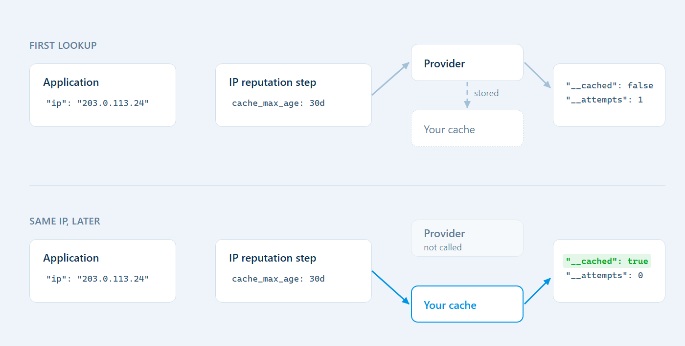 Repeat IP lookup uses your cache; the provider is not called and the output is cached with zero attempts