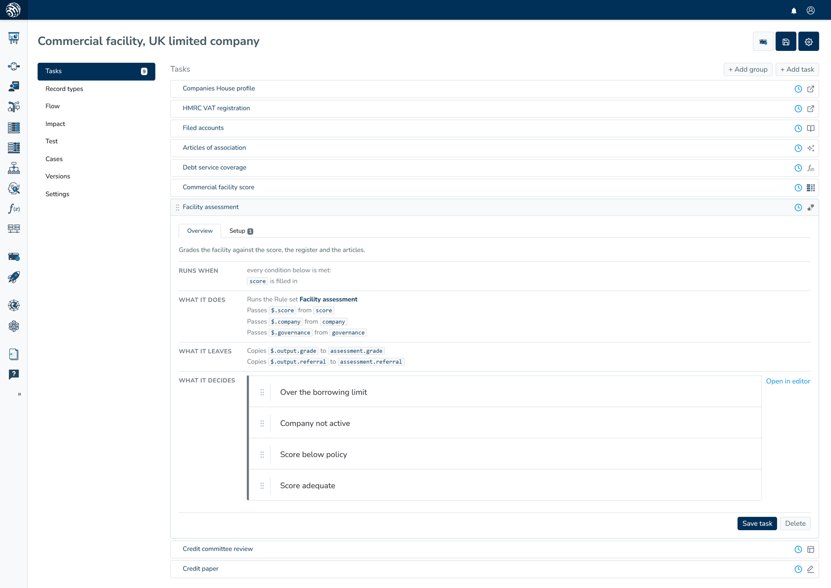 Facility assessment task for a UK limited company runs when a score is filled and lists four possible decisions